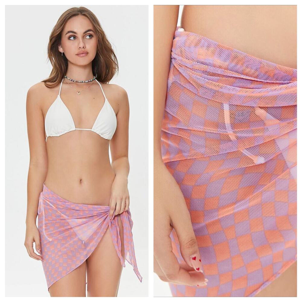 F21 Wavy Checkered Y2K Swim Coverup Sarong Wrap Skirt - Salmon / Lavender